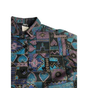 Vintage 80s 90s Roper Western Shirt Womens L Memphis Aztec Hearts All Over Print